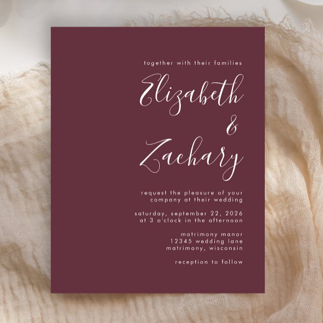 Convite de Casamento Burgundy com Script Moderno E (Criador carregado)