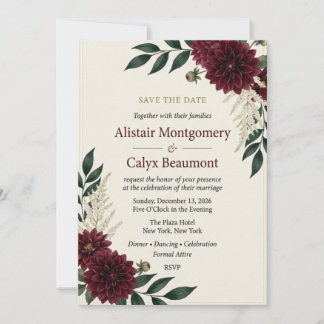 Convite de casamento Burgundy Dahlia & Astilbe Bot