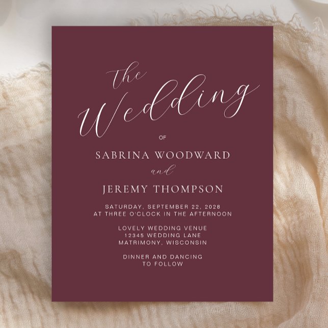 Convite de Casamento Burgundy de Caligrafia Modern (An elegant choice for a wedding with a burgundy color palette.)