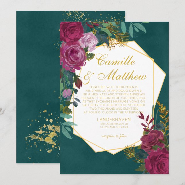 Convite de Casamento Burgundy e Esmeralda (Frente/Verso)