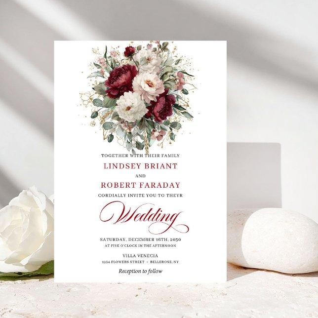 Convite de Casamento Burgundy e Flores Brancas Rom (Romantic Burgundy and White Flowers Wedding Invite)