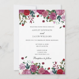 Convite de casamento burgundy. Flor roxa e vermelh
