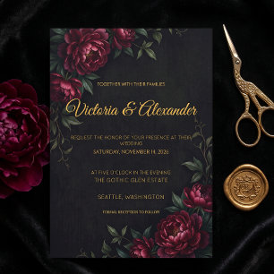 Convite de Casamento Burgundy Floral Escuro Temper