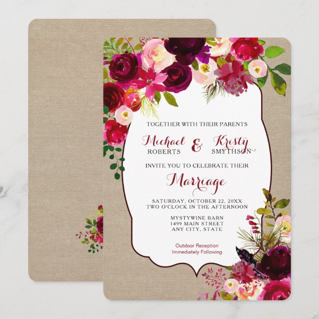 Convite de casamento, burgundy floral rustic 3979 (Frente/Verso)