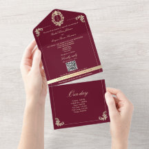 Convite de Casamento Burgundy Gold Barroco Tudo-em