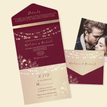 Convite de Casamento Burgundy Gold Tudo-em-Um