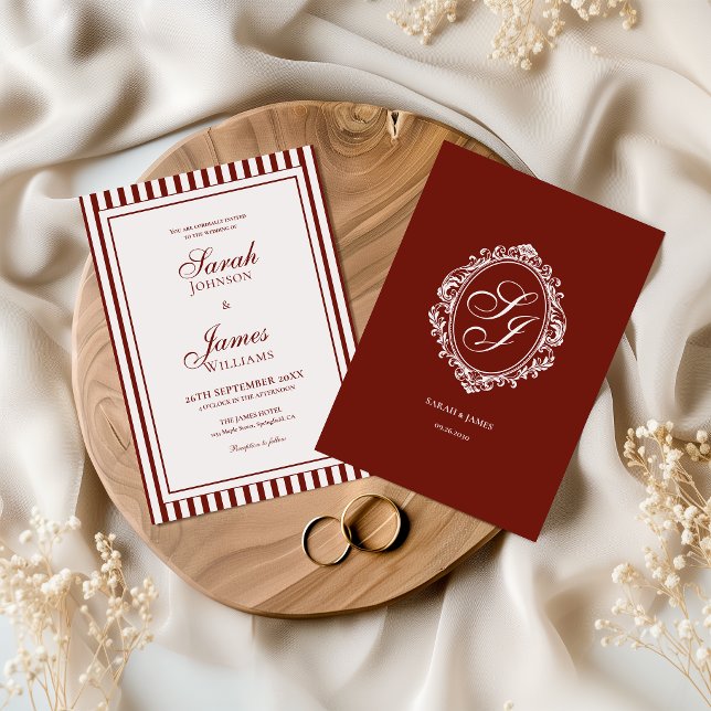 Convite de Casamento Burgundy Monogram Old Money (Criador carregado)