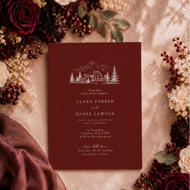 Convite de Casamento Burgundy Pine Lodge (Criador carregado)