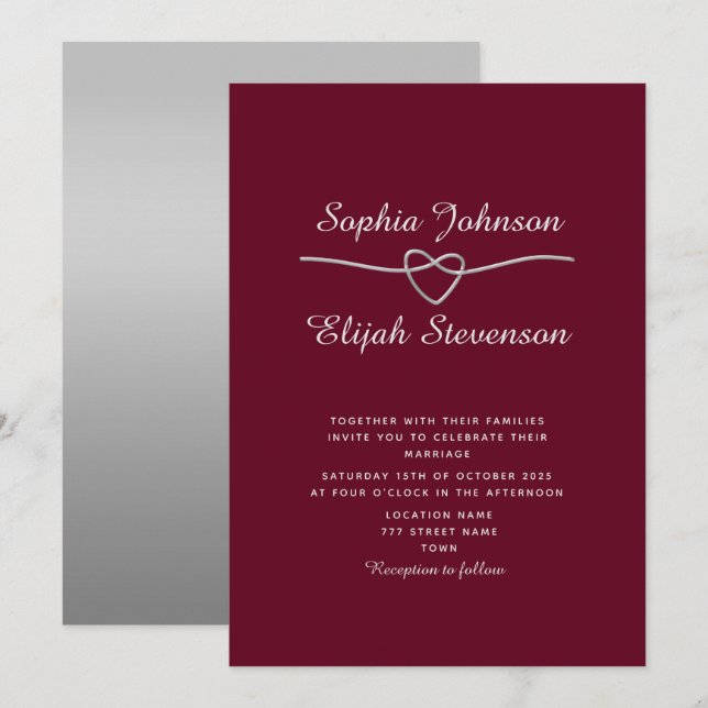 Convite de Casamento Burgundy Prata Elegante (Frente/Verso)