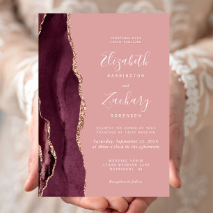 Convite de Casamento Burgundy Rose Gold Ágata Rosa