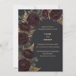 Convite de Casamento Burgundy Rose Gold Fern