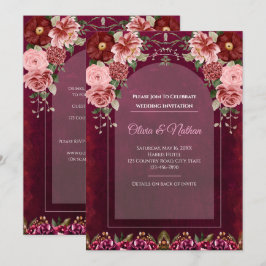 Convite de Casamento Burgundy Sombrio e Rosa Poeir