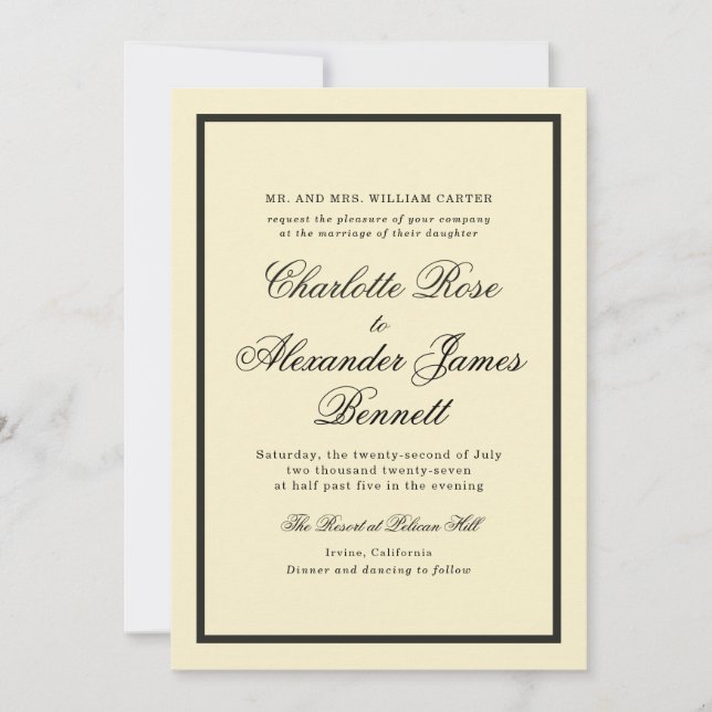 Convite de Casamento Butter Yellow com Letra Cláss (Frente)