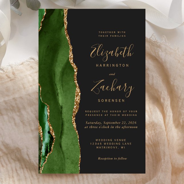 Convite de Casamento Caçador Verde Dourado Ágata E (Criador carregado)