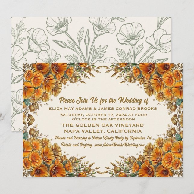 Convite de Casamento California Poppy (Frente/Verso)