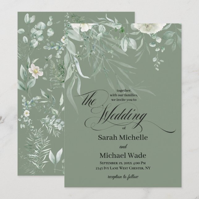 Convite de Casamento Caligrafia Verde de Primavera (Frente/Verso)