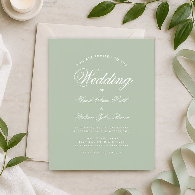 Convite de Casamento Caligrafia Verde Sage Econômi (Criador carregado)