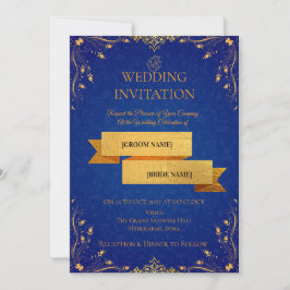 Convite de Casamento Canto Dourado e Azul Real |
