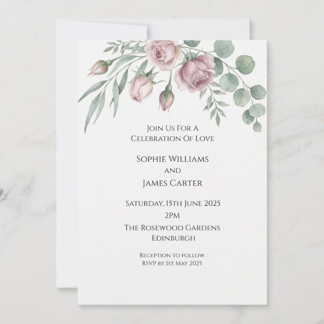 Convite de Casamento Canto Eucalipto Rosa (Frente)
