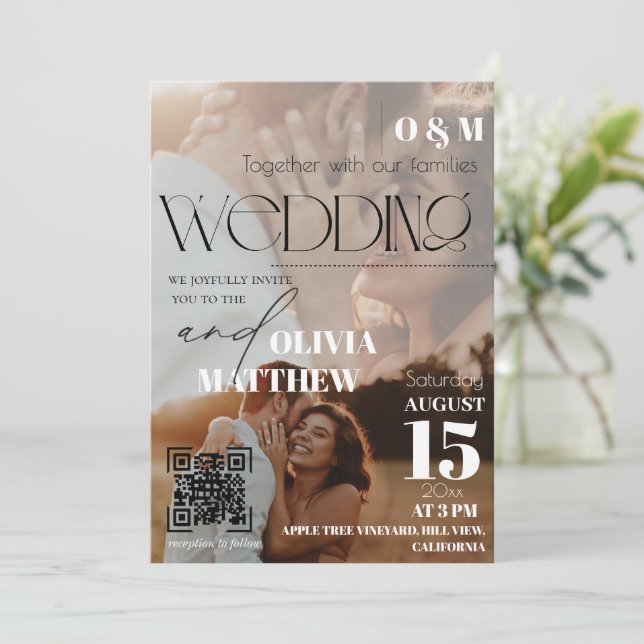 Convite de Casamento Capa de Revista Branco e Pret (Em pé/Frente)