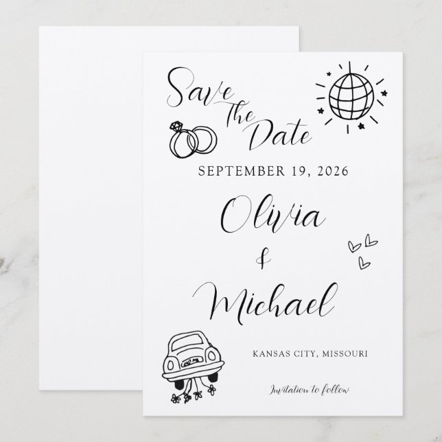 Convite de Casamento Caprichoso com Ícones Diverti (Frente/Verso)