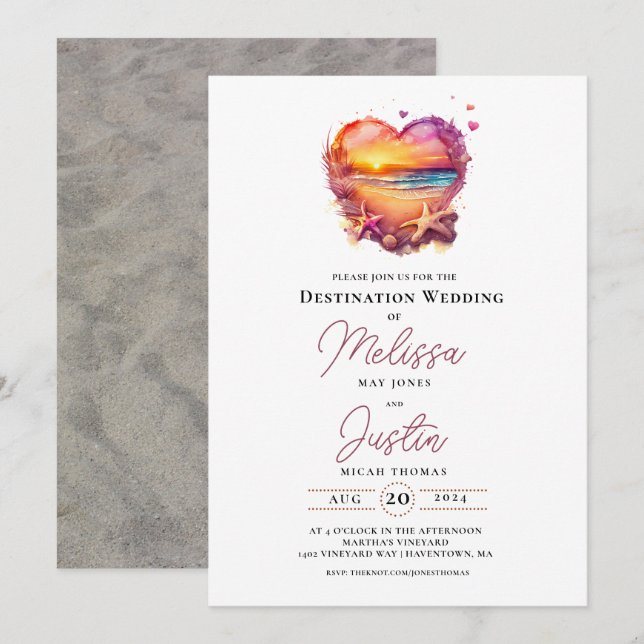 Convite de Casamento Cardíaco de Praia Clássica (Frente/Verso)