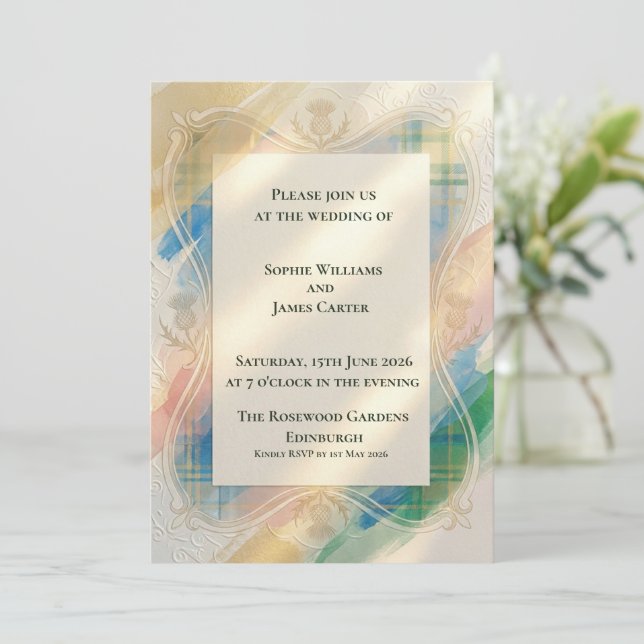 Convite de Casamento Cardo de Tartan Escocês | Águ (Em pé/Frente)