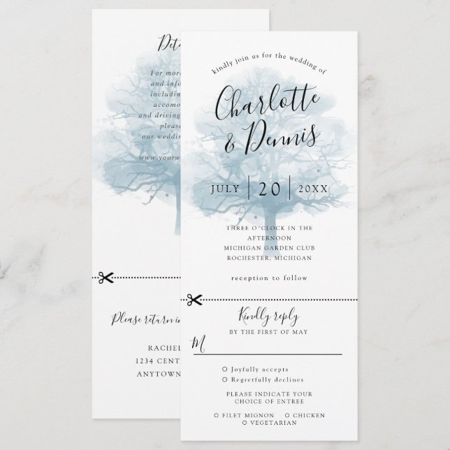 Convite de casamento carvalho azul com rsvp inclus (Frente/Verso)