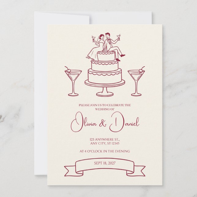 Convite de Casamento Casal Bolo de Noiva Linha Ver (Frente)