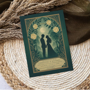 Convite de Casamento Casal Silhueta Romântica Verd