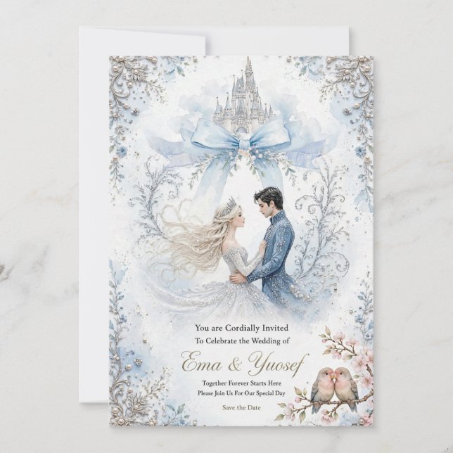 Convite de Casamento Castelo de Fada Azul Claro (Frente)