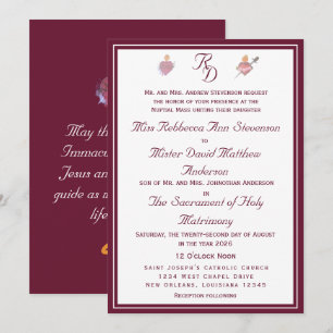 Convite de Casamento Católico Burgundy Two Hearts