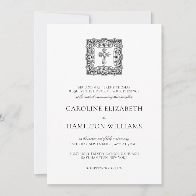 Convite de Casamento Católico Caroline Simple Blac (Frente)