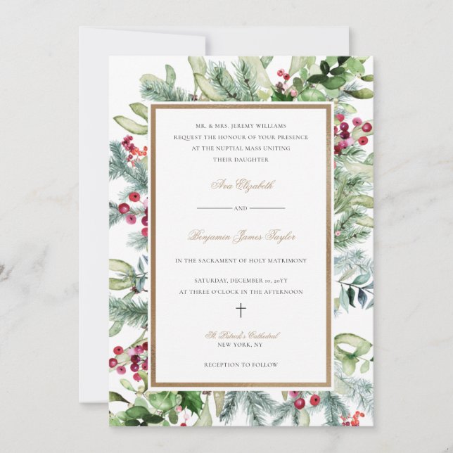 Convite de Casamento Católico com Decoração de Nat (Frente)