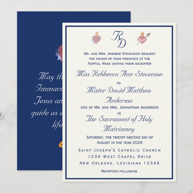 Convite de Casamento Católico Dois Corações Azul-M (Frente/Verso)