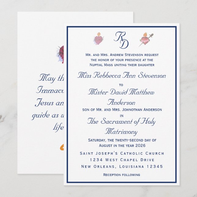 Convite de Casamento Católico Dois Corações Azul-N (Frente/Verso)