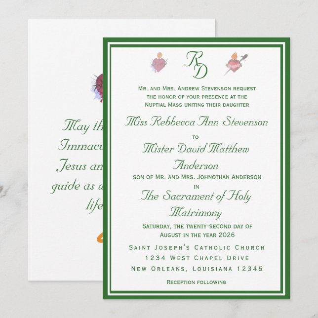 Convite de Casamento Católico Dois Corações Elegan (Frente/Verso)