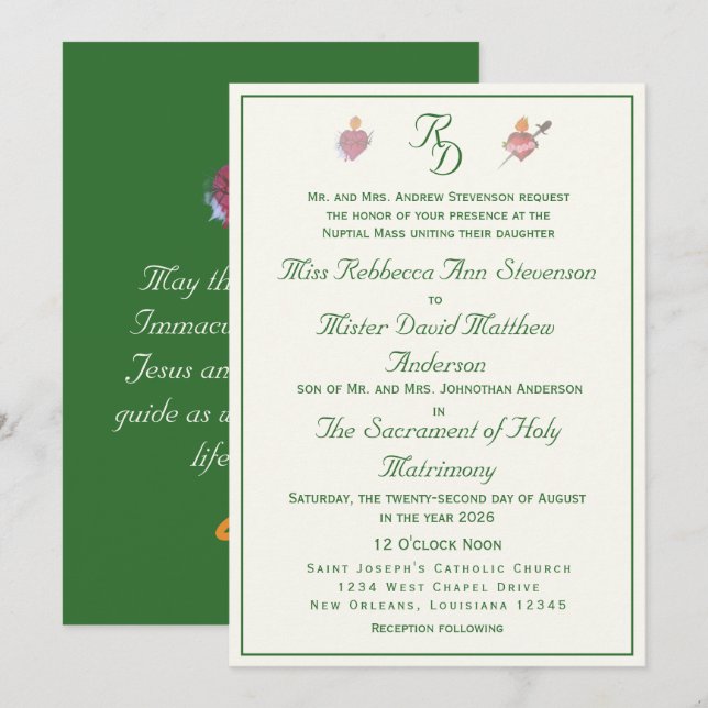Convite de Casamento Católico Dois Corações Elegan (Frente/Verso)