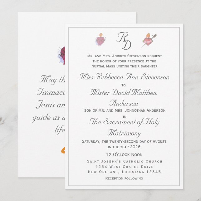 Convite de Casamento Católico Dois Corações Elegan (Frente/Verso)