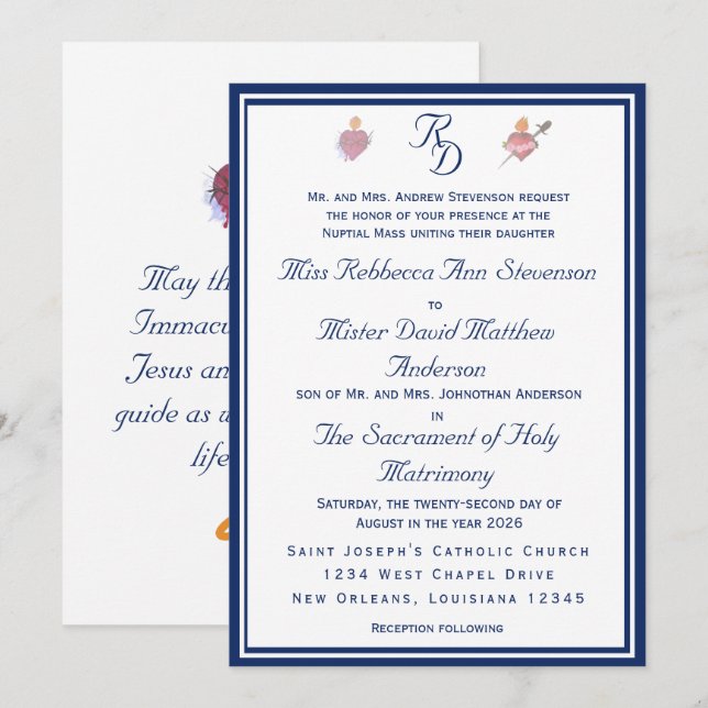 Convite de Casamento Católico Dois Corações Elegan (Frente/Verso)