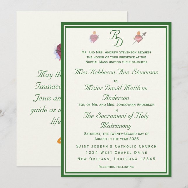 Convite de Casamento Católico Duas Corações Elegan (Frente/Verso)
