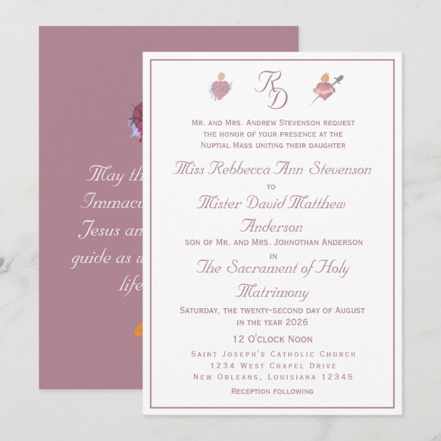 Convite de Casamento Católico Dusty-Rose Dois Cora (Frente/Verso)