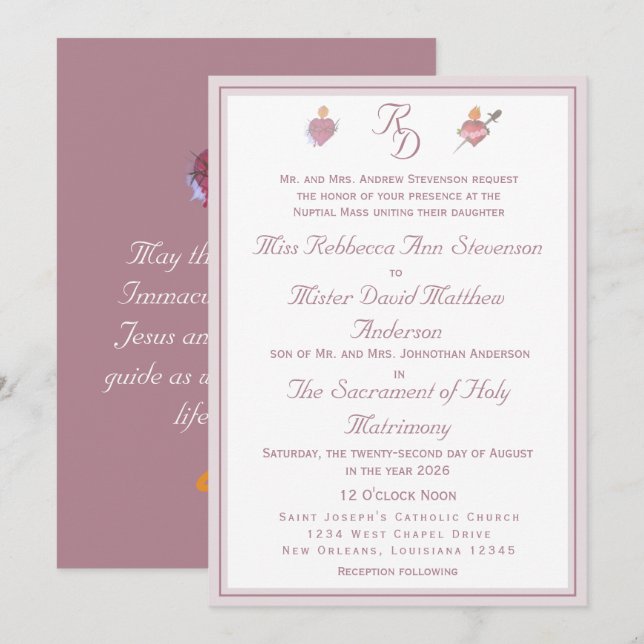 Convite de Casamento Católico Dusty-Rose Dois Cora (Frente/Verso)