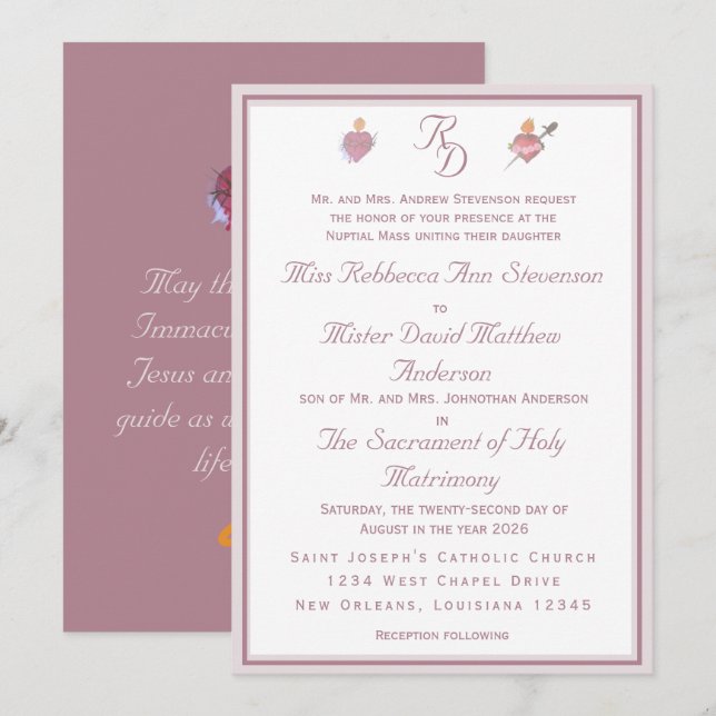 Convite de Casamento Católico Dusty Rose Duas Cora (Frente/Verso)