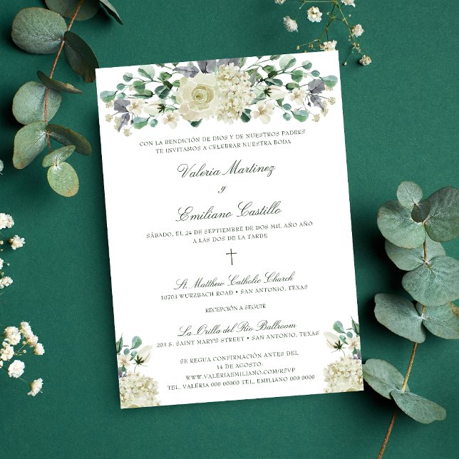 Convite de Casamento Católico Formal (Invitación de boda católica en español con flores blancas y vegetación.)