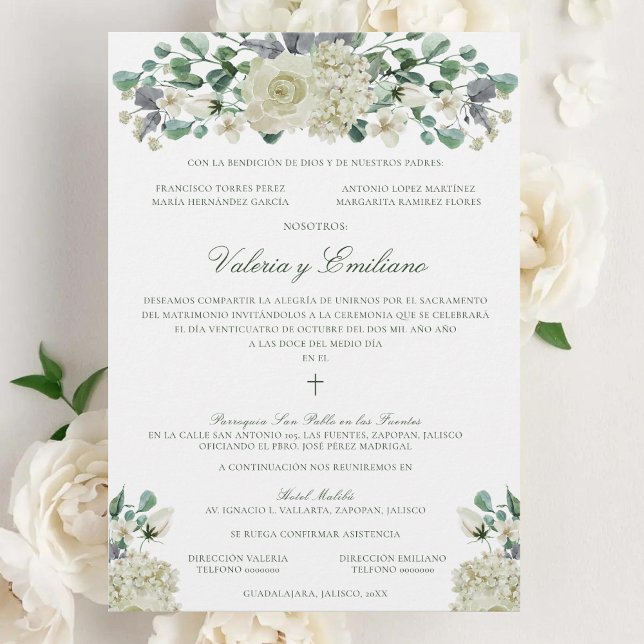 Convite de Casamento Católico Formal (Elegant, white flower Catholic wedding invitation in Spanish, done in traditional style)