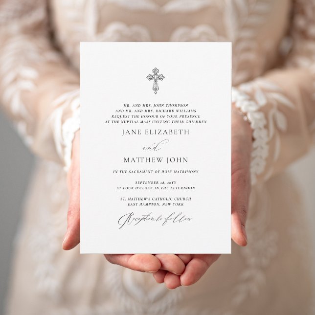 Convite de Casamento Católico Jane Simple com a RS (This Catholic wedding invite has a romantic elegance thanks to the vintage cross & elegant script.)
