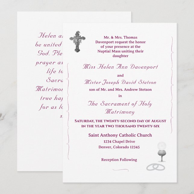 Convite de Casamento Católico Nuptial Grace (Frente/Verso)