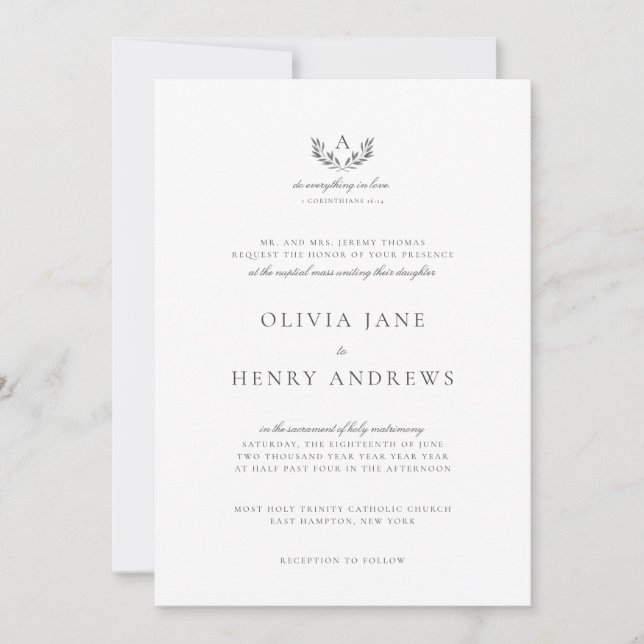 Convite de Casamento Católico Olivia Clássico Cinz (Frente)