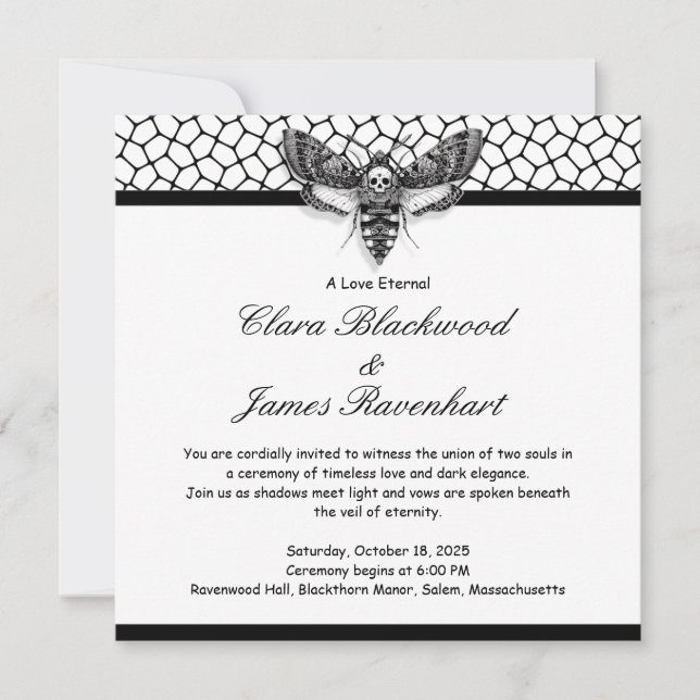 Convite de Casamento Caveira de Mariposa Gótica –  (Frente)